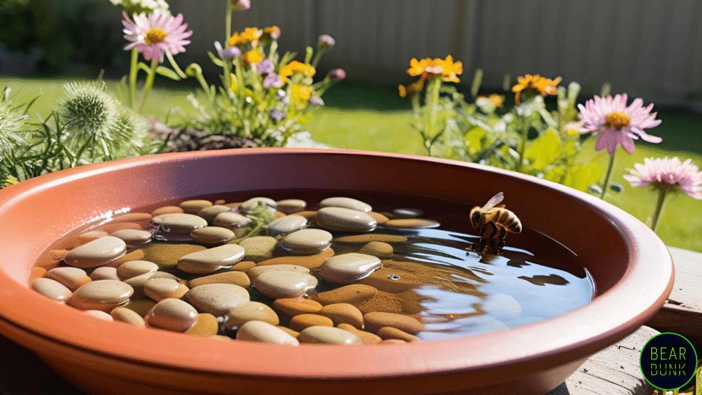 A bee perches on the edge of a shallow terracotta bowl filled with smooth stones and clean water, set in a sunny garden with colorful flowers in the background.