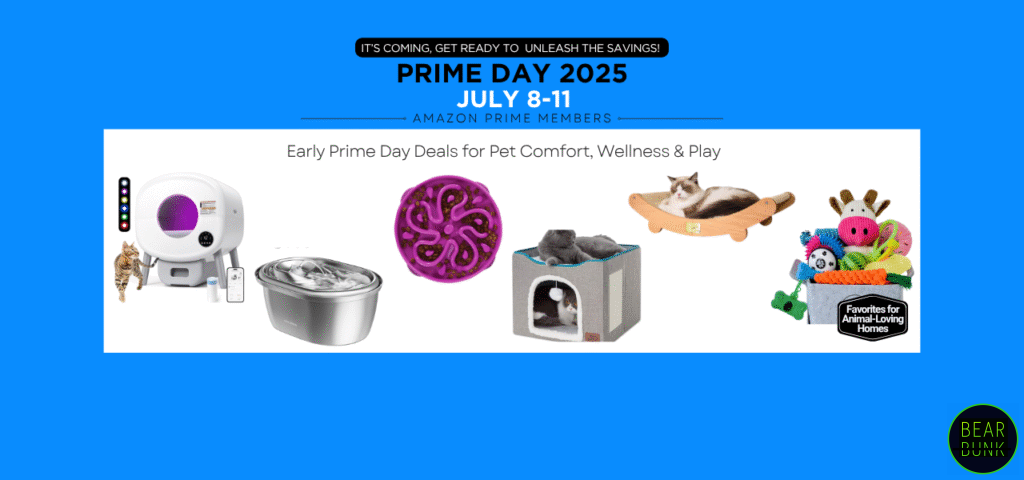 arly Prime Day 2025 pet deals featuring a cat hammock, stainless steel water fountain, cozy cat cube, slow feeder bowl, smart litter box, and a colorful box of dog toys under the heading 'Favorites for Animal-Loving Homes'"