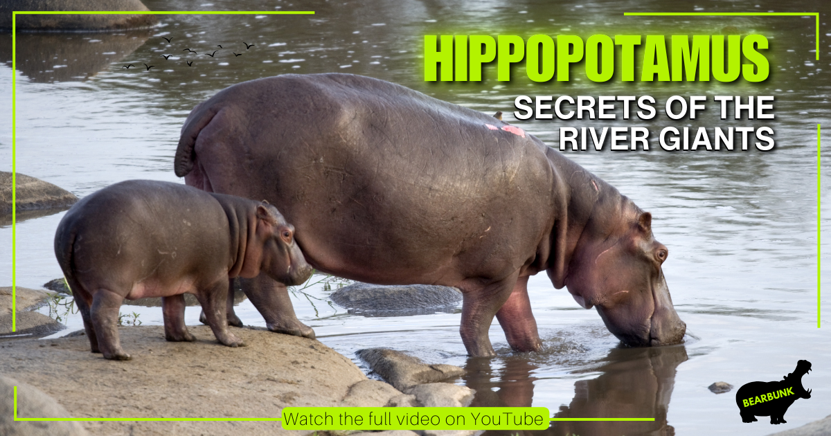 Hippopotamus standing in shallow water with calf, showcasing Africa’s river giants.
