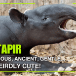 A tapir standing in a lush rainforest, showing its short trunk-like snout and rounded body — a gentle, ancient herbivore known as the “gardener of the forest.”