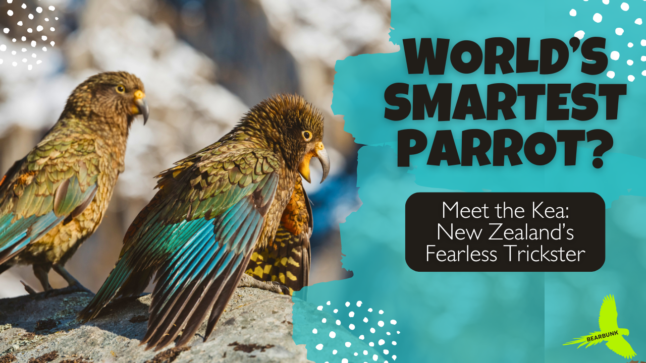Kea parrot with wings spread in New Zealand’s Southern Alps, showing bright orange underwing feathers against a mountain background.