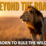 A magnificent male lion with a full golden mane looks out over the open savanna, with text overlays reading Lions and Discover the Wonders of the Pride.