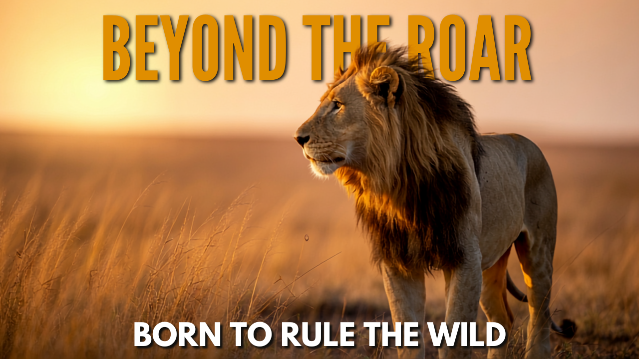 A magnificent male lion with a full golden mane looks out over the open savanna, with text overlays reading Lions and Discover the Wonders of the Pride.