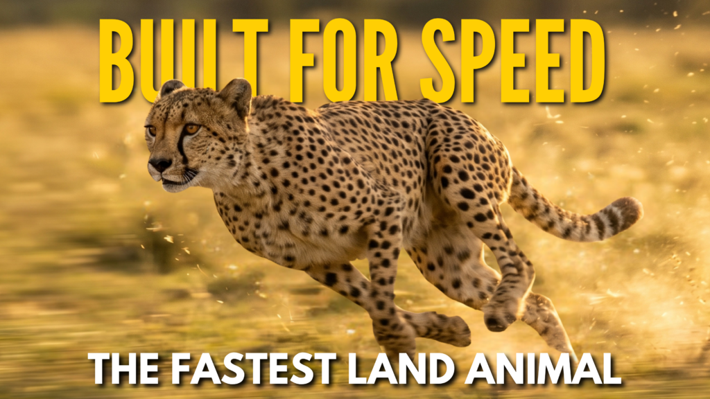 A cheetah sprinting across golden African grassland, showing its spotted golden coat, long legs, and distinctive black tear lines.